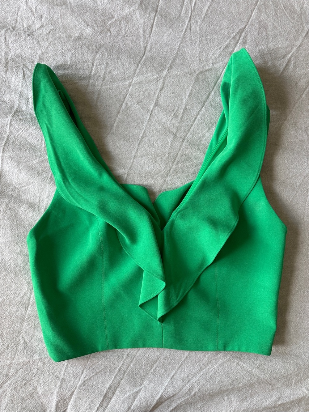 Alice + Olivia Emerald Green Ruffle V-Neck Crop Top